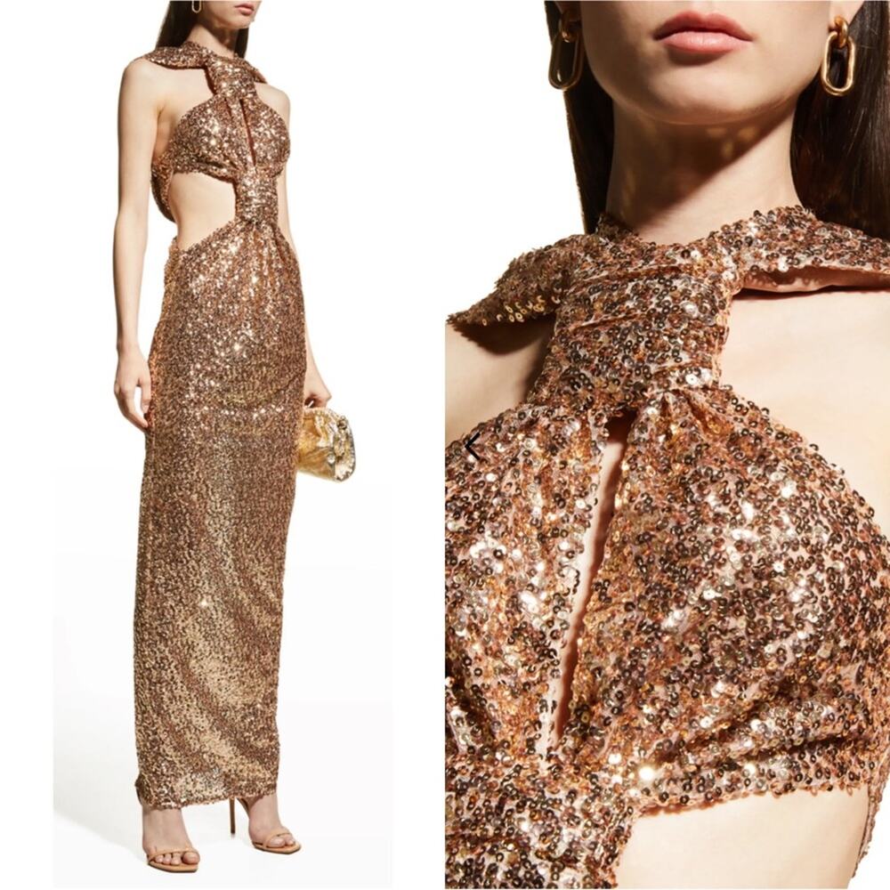 NWT Bronx and Banco SOL Elegant Gold Sequin Evening Gown - Picture 5 of 15